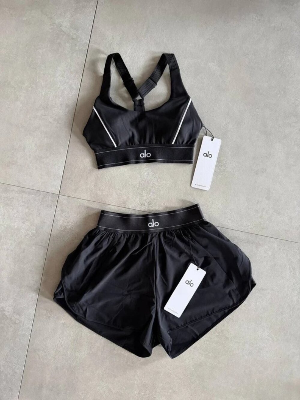 Alo Yoga Suit Up Bra Tank & Match Point Shorts Set, Black, XS